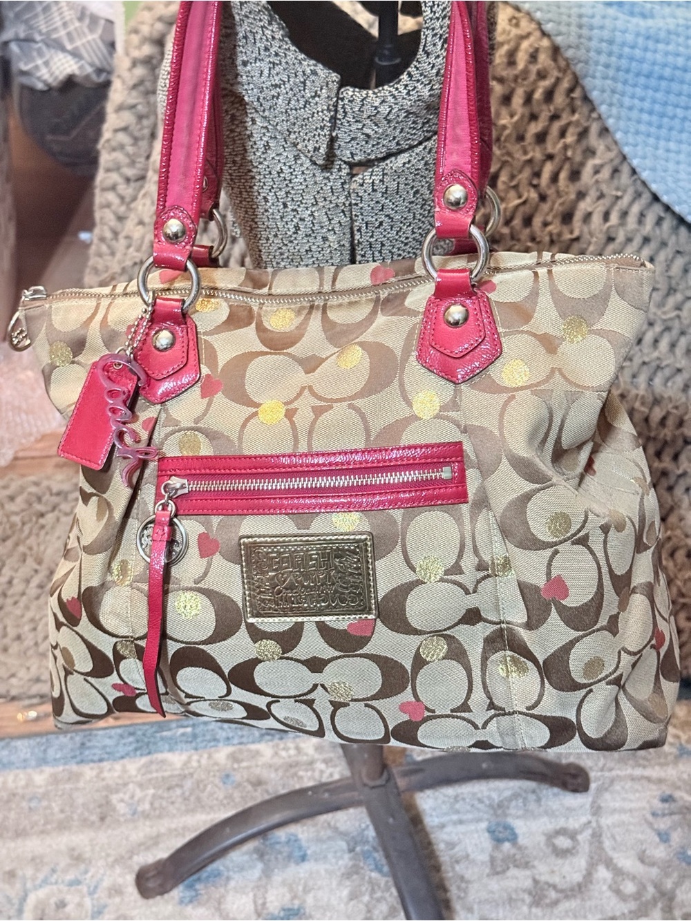 Coach Poppy Sequin Signature lg  Tote with Red Trim and Gold Accents